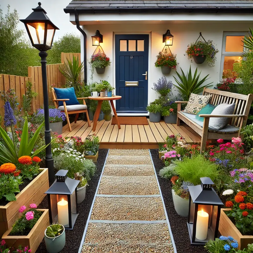 budget-friendly-garden-makeover.-The-scene-features-a-DIY-gravel-pathway-lined-with-solar-powered-lights-colorful-season