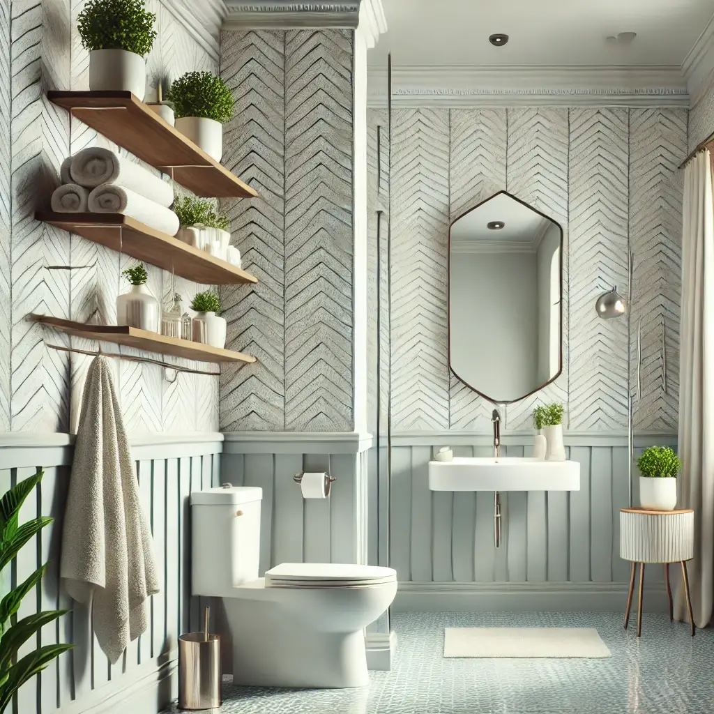 modern-bathroom-makeover-achieved-on-a-budget.-The-bathroom-includes-clean-white-peel-and-stick-wallpaper-with-a-subtle