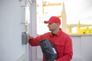 Delivery person ringing a smart video doorbell while holding a package