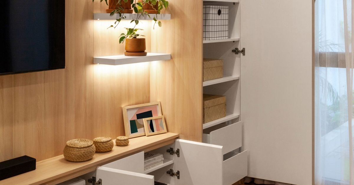 Vertical shelving and storage in a living room