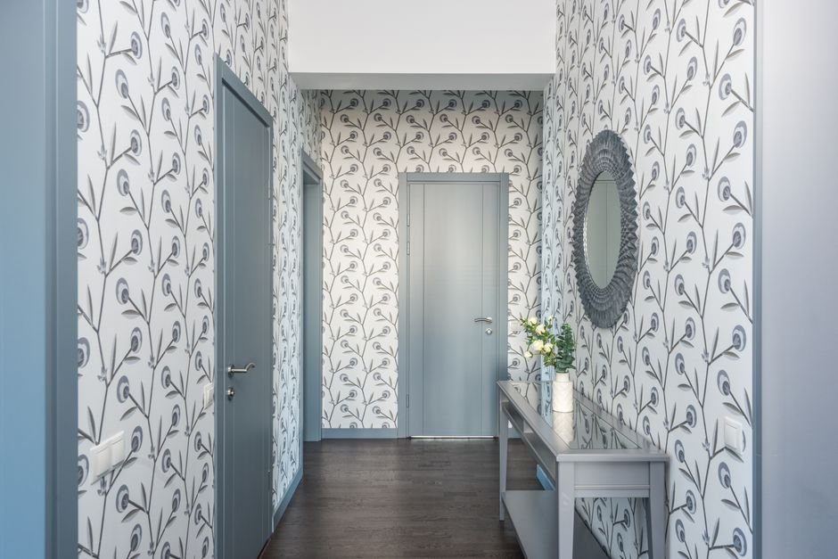 Botanical peel-and-stick wallpaper in a hallway