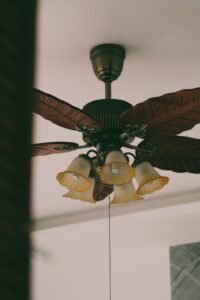 Ornate ceiling fan with a warm light kit