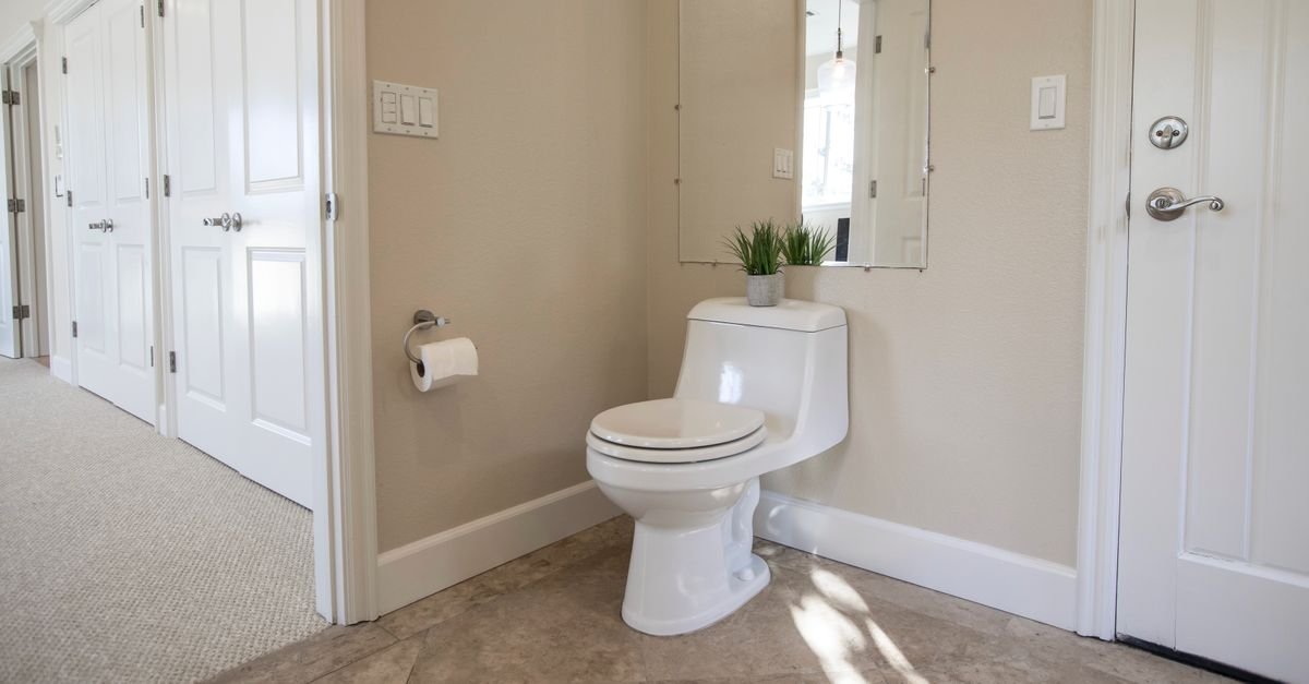 A standard two-piece toilet that fits most bidet attachments