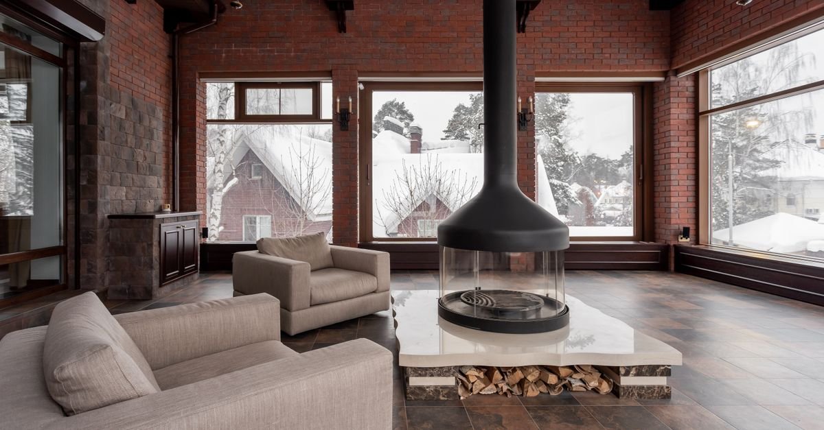 A freestanding heater placed safely in a living room