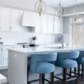 Counter-height bar stools at a kitchen island