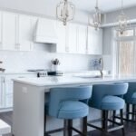 Counter-height bar stools at a kitchen island