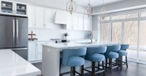 Counter-height bar stools at a kitchen island