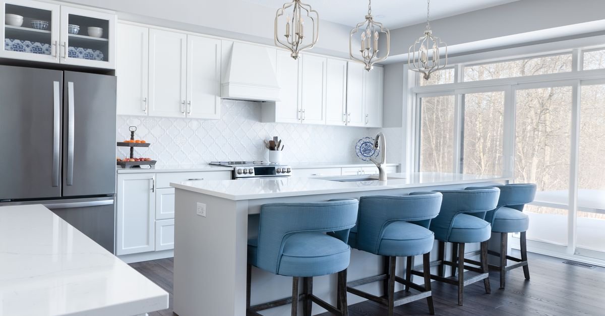 Counter-height bar stools at a kitchen island