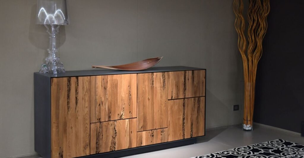 Modern wood cabinet in a styled living room