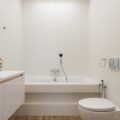 A clean modern bathroom with a bidet-ready toilet