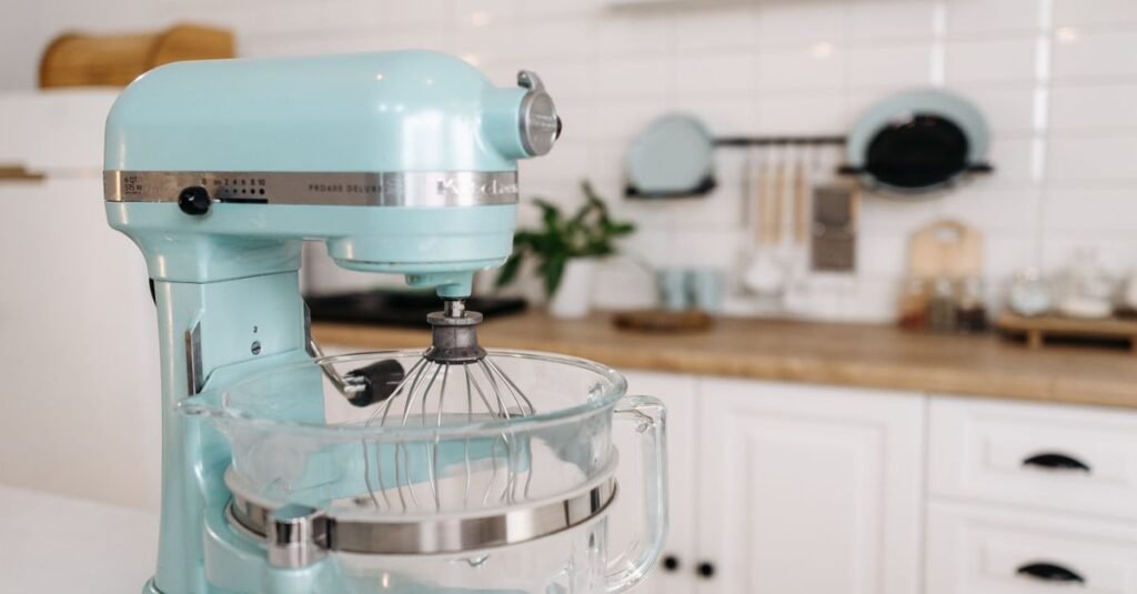 A stand mixer on a kitchen countertop