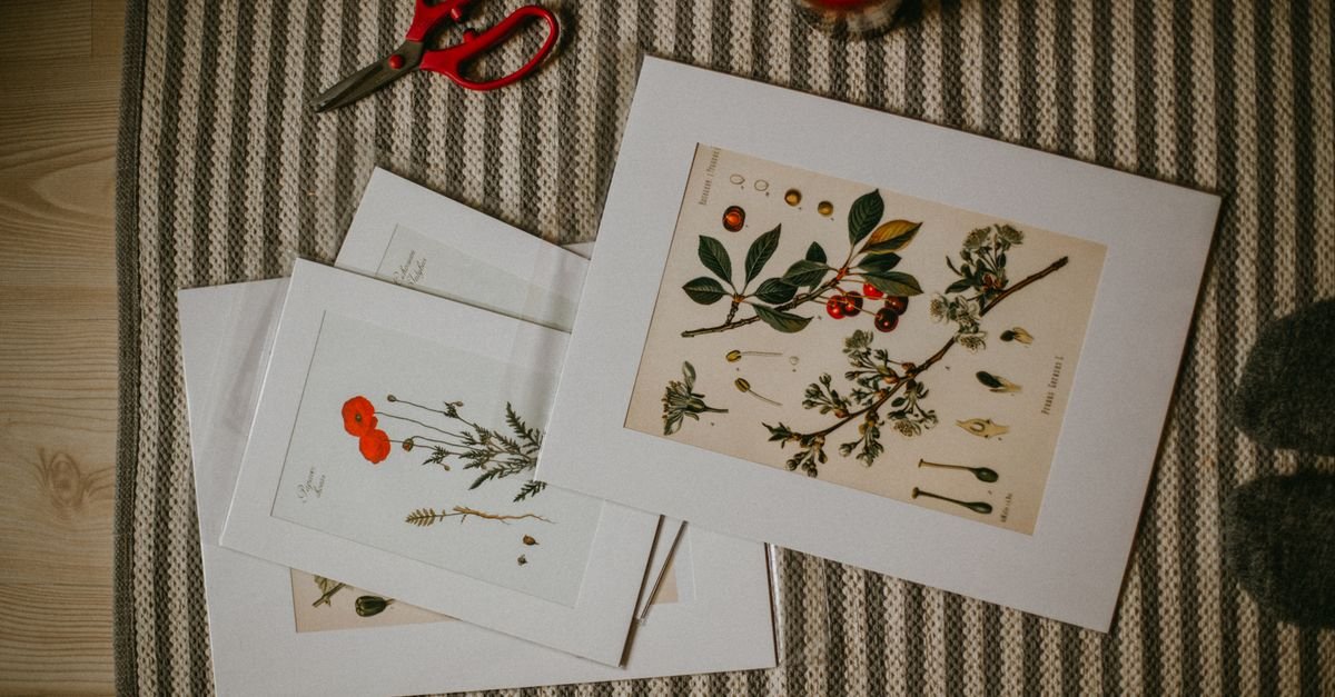 Botanical prints laid out with scissors and a candle