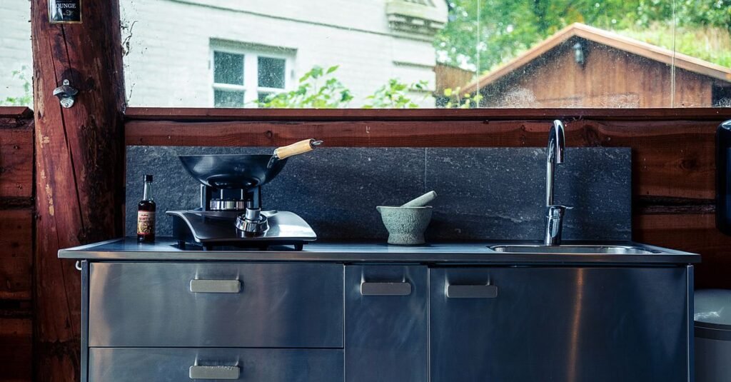 DIY outdoor kitchen counter with sink and steel cabinets DIY outdoor kitchen counter with sink and steel cabinets
