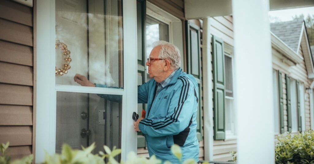 Resident greeting a delivery at the front porch