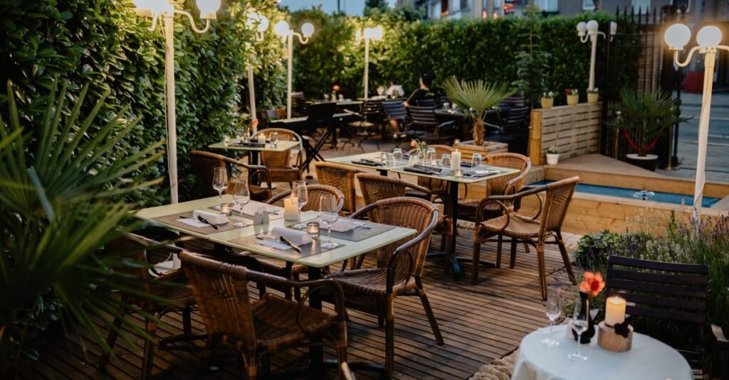 Restaurant garden terrace glowing at night