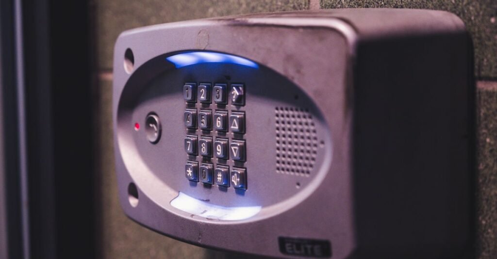 Backlit keypad lock glowing in low light