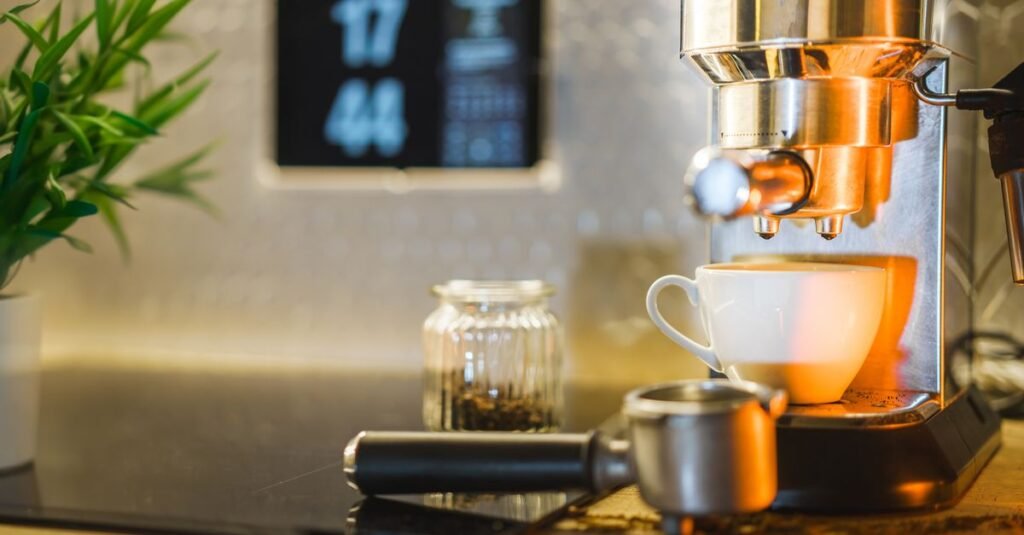 Espresso machine pulling a shot beside a clock