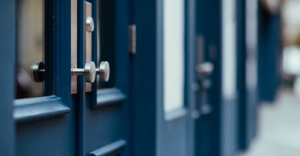 Blue double doors with steel handles