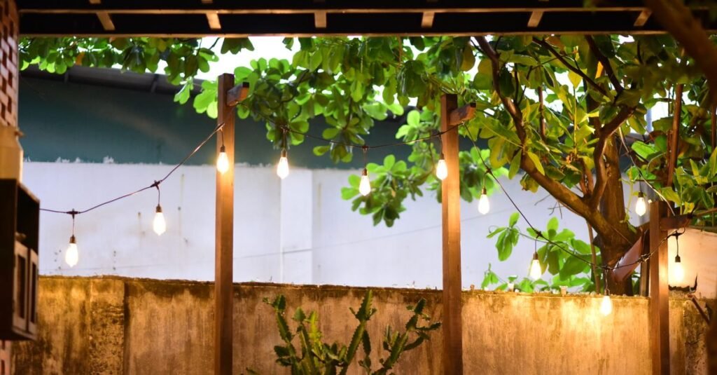 Pergola with string lights on a summer evening