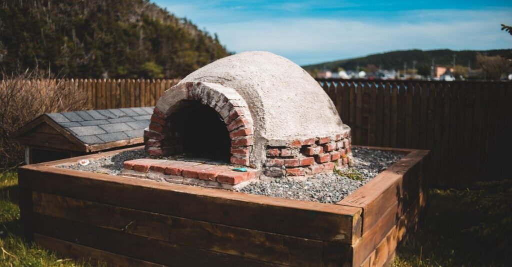 DIY brick pizza oven on a timber base