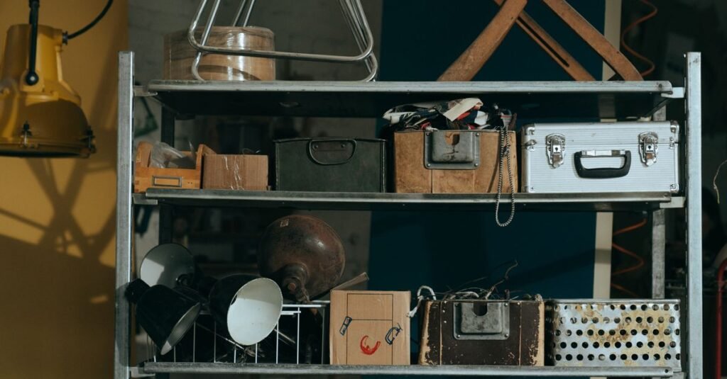 Metal shelving unit with organized gear