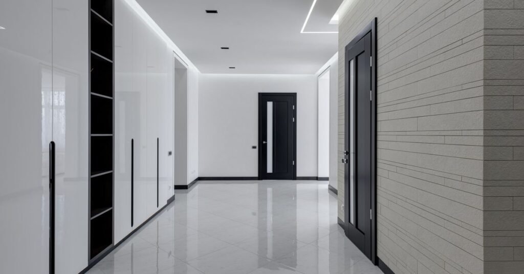 Modern apartment corridor with black doors