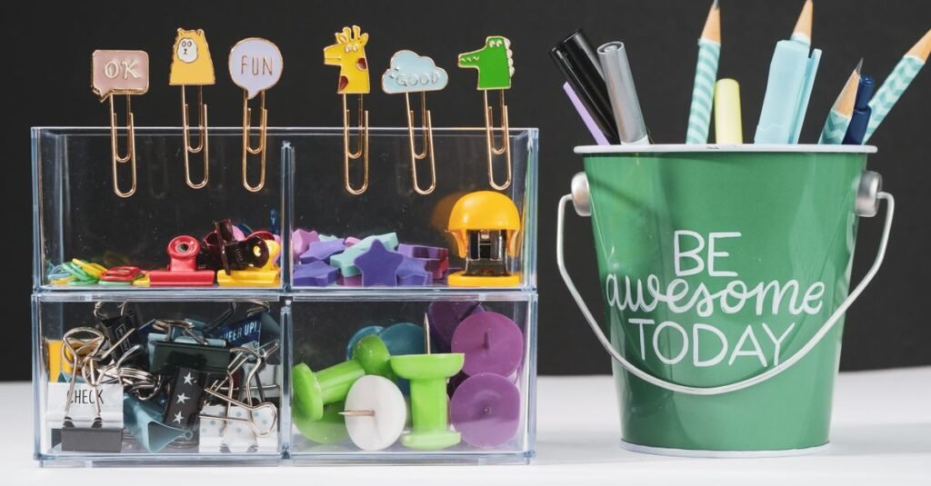 Playful desk organizers with school supplies