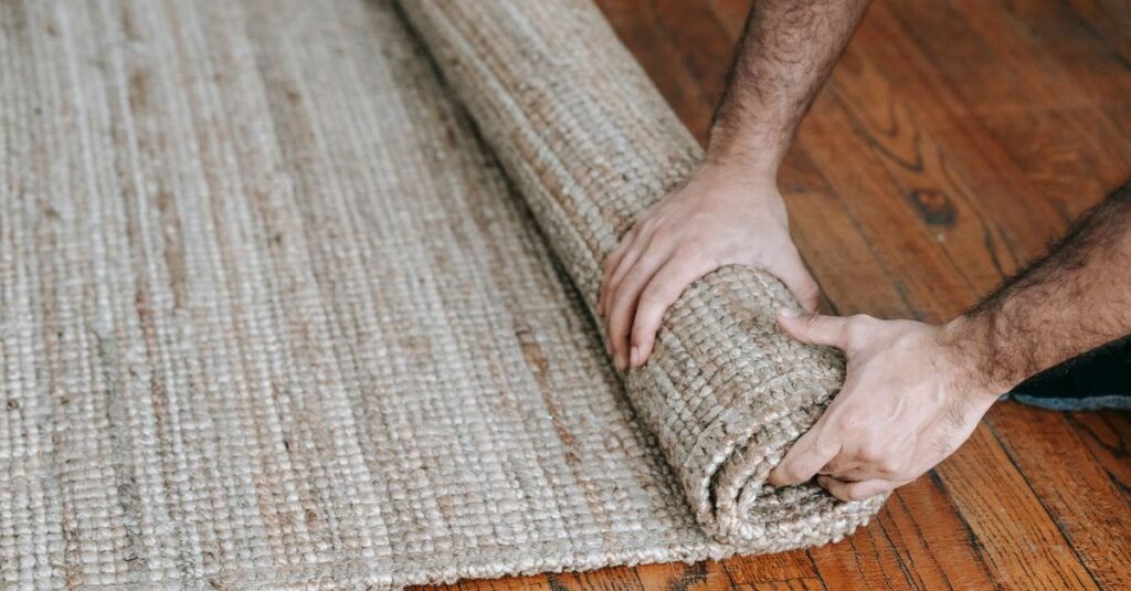 Hands rolling a woven rug on wooden flooring