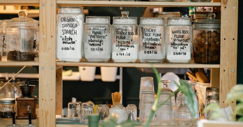 Hand-labeled pantry jars on wooden shelves