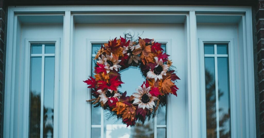 Autumn wreath on a blue double door